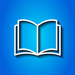 Open book simple icon vector.Flat design. White icon with shadow on blue background.ai