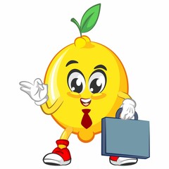 cute lemon fruit mascot character illustration logo icon vector tie and carry suitcase