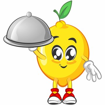 cute lemon fruit mascot character illustration logo icon vector become a restaurant waiter