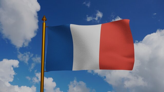 National flag of France waving 3D Render with flagpole and blue sky, drapeau francais tricolour or French Tricolour, ancient French colour or cockade of France, flag French Republic. 3d illustration