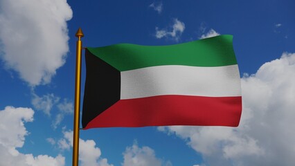 National flag of Kuwait waving 3D Render with flagpole and blue sky, Alam Baladii Derti used Pan-Arab colours, State of Kuwait flag textile. High quality 3d illustration