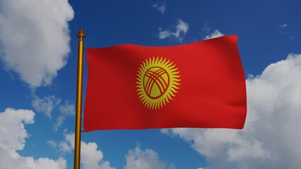 National flag of Kyrgyzstan waving 3D Render with flagpole and blue sky, Kyrgyz Republic flag textile, coat of arms Kyrgyzstan independence day, State Flag of the Kyrgyz Republic. 3d illustration