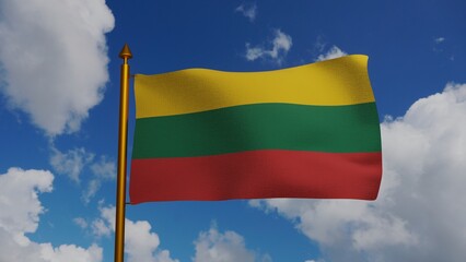 National flag of Lithuania waving 3D Render with flagpole and blue sky, Lietuvos veliava Lithuanian flag, Republic of Lithuania flag textile. High quality 3d illustration