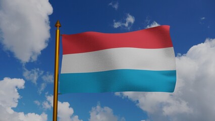 National flag of Luxembourg waving 3D Render with flagpole and blue sky, Letzebuerger Fandel or Flagge Luxemburgs or Drapeau du Luxembourg, Luxembourg flag triband textile. 3d illustration