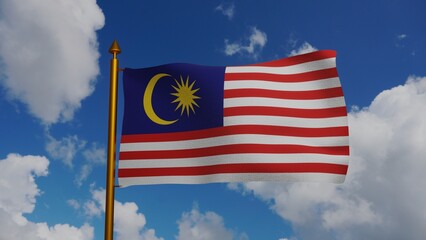 National flag of Malaysia waving 3D Render with flagpole and blue sky, Republic of Malaysia flag textile or Jalur Gemilang, Malaysian coat of arms Malaysia independence day. 3d illustration