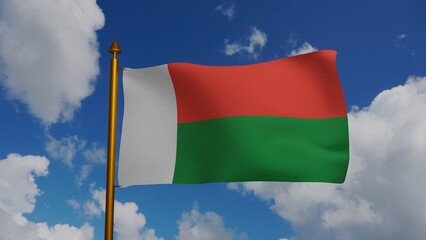 National flag of Madagascar waving 3D Render with flagpole and blue sky, sainani Madagasikara or drapeau de Madagasca flag, Republic of Madagascar flag textile. High quality 3d illustration