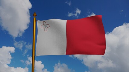 National flag of Malta waving 3D Render with flagpole and blue sky, Republic of Malta flag textile or Bandiera ta Maltese, coat of arms Malta independence day. High quality 3d illustration