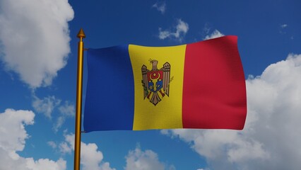 National flag of Moldova waving 3D Render with flagpole and blue sky, Republic of Moldova flag textile or Drapelul Moldovei, coat of arms Moldova independence day. High quality 3d illustration