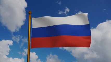 National flag of the Russian Federation waving 3D Render with flagpole and blue sky, russian tricolour flag textile, flag of the Russian Empire. High quality 3d illustration