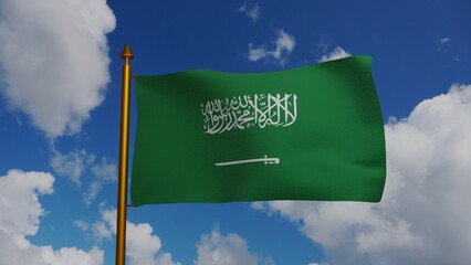 National flag of Saudi Arabia waving 3D Render flagpole blue sky, Kingdom of Saudi Arabia flag textile KSA, coat of arms Saudi Arabia, Arabic inscription with Islamic creed, shahada. 3d illustration