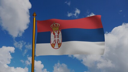 National flag of Serbia waving 3D Render with flagpole and blue sky, Republic of Serbia flag textile, Zastava Srbije or trobojka, coat of arms Serbia independence day, Habsburg. 3d illustration