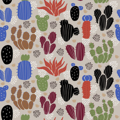 Vector seamless pattern with different cactus. Bright repeated texture with green cacti. Natural hand drawing background with desert plants.