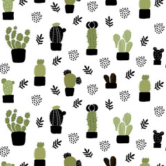Vector seamless pattern with different cactus. Bright repeated texture with green cacti. Natural hand drawing background with desert plants.