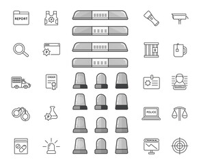 Police Related Glyph icons set. Law enforcement. Transport, protection equipment, weapon.