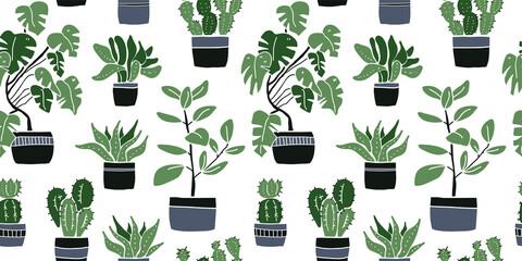 Home potted plants seamless pattern. Indoor flowers. Pattern in earthy and natural colors in boho style