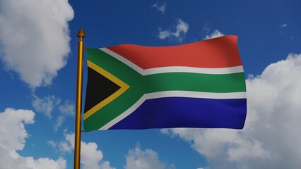 National flag of South Africa waving 3D Render flagpole and blue sky, Republic of South Africa flag...