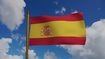 National flag of Spain waving 3D Render with flagpole and blue sky, Spain flag or Bandera de Espana. la Rojigualda in Kingdom of Spain. Spanish flag textile. High quality 3d illustration