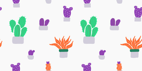 Seamless cactus pattern with white background. Cute repeatable cacti pattern can be used as backdrop, gift wrap, wallpaper tile template, textile print design. Trendy background. vector illustration