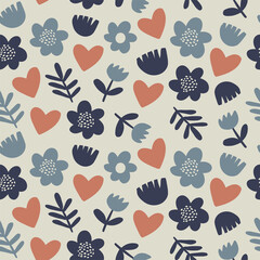 Repeated flowers, hearts and dots. Seamless pattern. Black, blue, white, pink color. Vector illustration