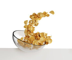 3D illustration of falling potato chips in a transparent glass plate. Flying potato chips