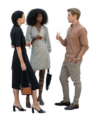 Group of elegant people at a social gathering standing and talking and drinking champagne, isolated...