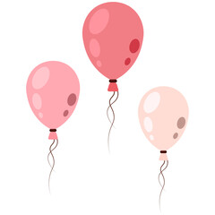 Three balloons with highlights and shadows in pink shades with ribbons. Bunch of balloons for birthday and party. Flying balloon with rope. Vector style cartoon illustration a white background.