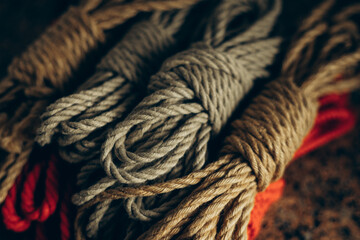 Brown fabric ropes for tying shibari