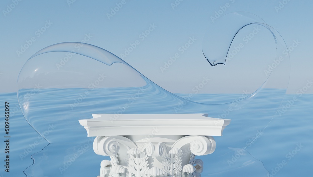 Poster abstract background mock up with podium for product display and gypsum ancient sculpture. blank prod