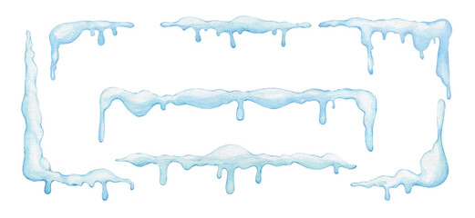 Snow caps, snowdrifts, snow drifts, in cartoon style. Watercolor set, elements, for winter decor, on an isolated background.