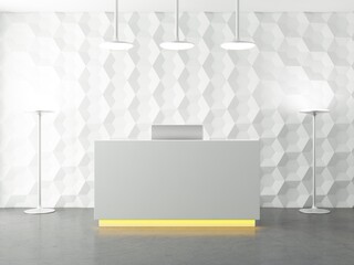 Front view of a white reception desk mockup with Computer Screen Montor standing on it in front of a white office wall. 3d rendering