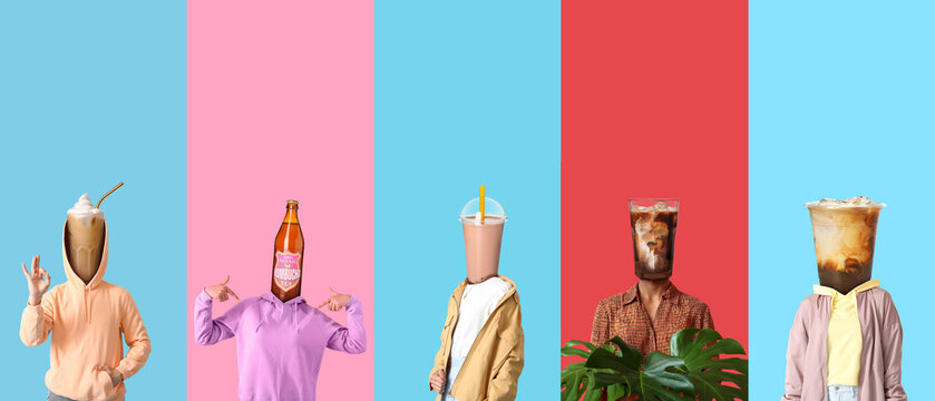 Many people with different drinks instead of their heads on colorful background