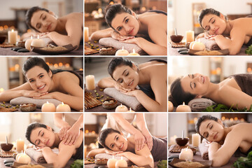 Collage with beautiful young woman in spa salon