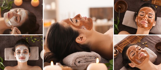 Young woman with face mask relaxing on massage table at spa salon