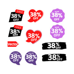 38% off Sale and discount tag, sticker or origami label set.percent price off badges. Promotion, ad banner, promo coupon design elements. Vector illustration