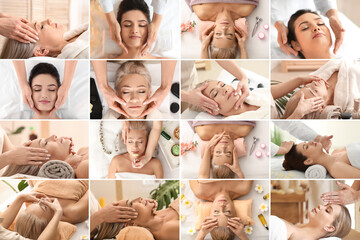 Collage with beautiful women getting face massage in spa salon