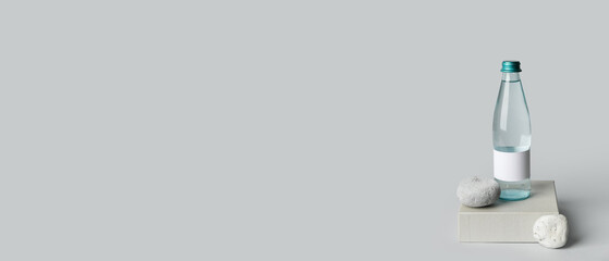 Bottle of clean water on light background with space for text