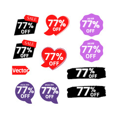 77% off Sale and discount tag, sticker or origami label set.percent price off badges. Promotion, ad banner, promo coupon design elements. Vector illustration