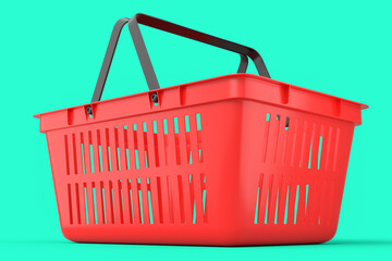 Plastic basket from supermarket for online shopping on green background.