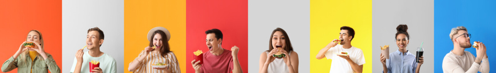 Set of happy people with different fast food on colorful background