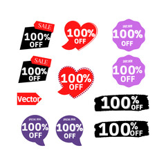 100% off Sale and discount tag, sticker or origami label set.percent price off badges. Promotion, ad banner, promo coupon design elements. Vector illustration