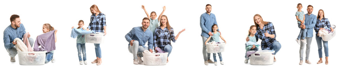 Set of happy family with laundry on white background - obrazy, fototapety, plakaty