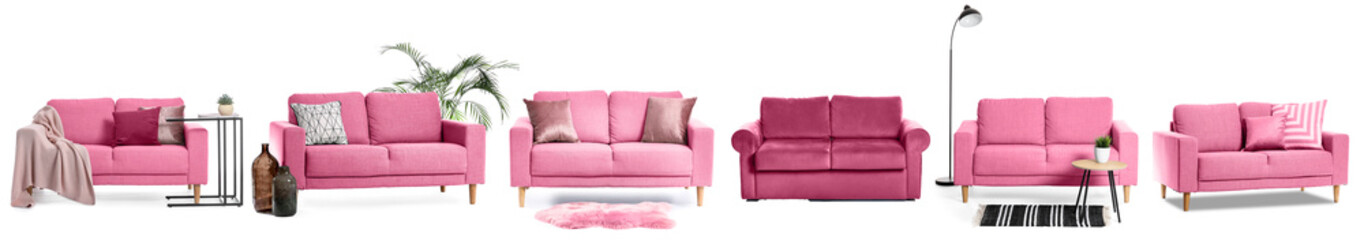 Set of stylish pink sofas on white background