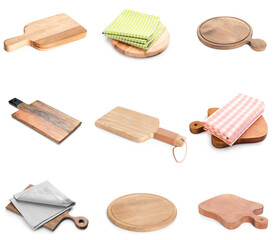 Set of different wooden boards on white background