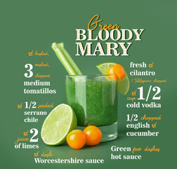 Glass of green Bloody Mary cocktail with ingredients on color background