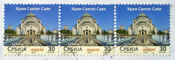 Cancelled postage stamp printed by Serbia, that shows The Temple of Saint Sava, circa 2022.