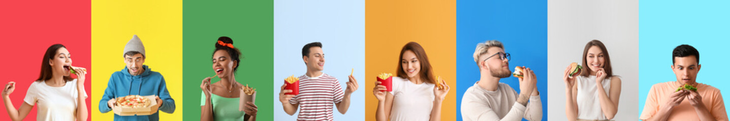 Set of happy young people with different fast food on colorful background