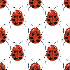 Watercolor seamless pattern with cute joyful happy cartoon ladybugs isolated on white background.