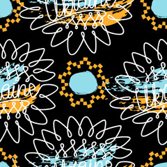 Stylized seamless pattern with lettering Ukraine , sunflowers and grunge spots yellow and blue colors on black.Abstract background and printing on fabric and paper.Vector hand drawn illustration.
