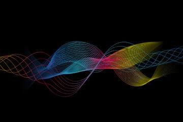 Colorful abstract wave lines flowing horizontally on a black background, ideal for topics about technology, music, science and the digital world.