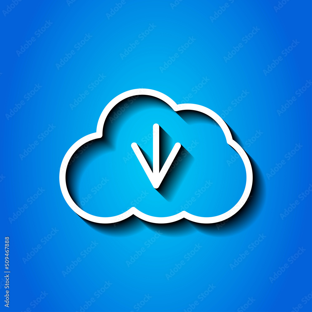 Poster download, cloud simple icon vector. flat design. white icon with shadow on blue background